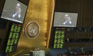 A view of the voting panels as the UN General Assembly voted to approve a global arms trade treaty.