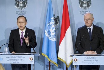 Secrary-General Ban Ki-moon and Monaco's Minister of State and Chief of Government, Michel Roger, hold joint a press conference.