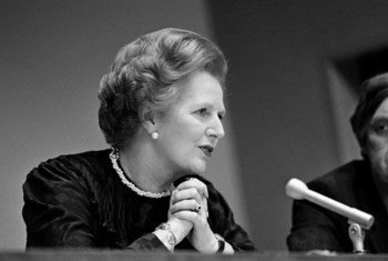 Le Premier Ministre britannique, Margaret Thatcher, en conférence de presse aux Nations Unies en juin 1982.