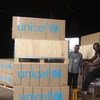 Emergency supplies sent by UNICEF to the Central African Republic being unloaded in the capital Bangui.