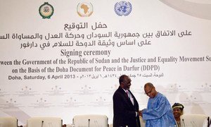 UNAMID Joint Special Representative Mohamed Ibn Chambas (right) greets Mohamed Bashar Ahmed, head of the Justice and Equality Movement (JEM), in Doha, Qatar.