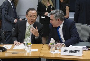 Secretary-General Ban Ki-moon (left) and Special Envoy Gordon Brown at the Global Education First Initiative in Washington DC.