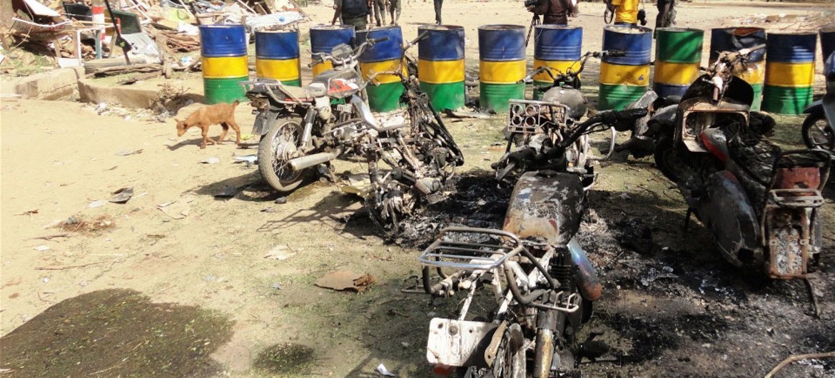 Destruction caused by Boko Haram militia at a police headquarters in Kano, Nigeria.