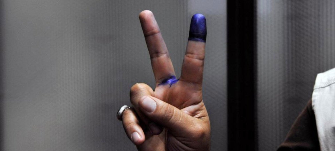 Voter’s finger with ink after casting ballot in Iraq's Provincial elections.