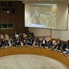 UN Envoy for Africa’s Great Lakes Region Mary Robinson (on monitor) briefs Security Council via video teleconference.