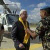 Under-Secretary-General for Peacekeeping Herve Ladsous is welcomed by a UNIFIL Nepalese peacekeeper at the start of his Blue Line tour.
