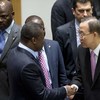 Secretary-General Ban Ki-moon (right) greets President Faure Essozimna Gnassingbé of Togo at the Security Council.
