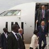 Secretary-General Ban Ki-moon and World Bank President Jim Yong Kim arrive in Entebbe International Airport, Uganda.