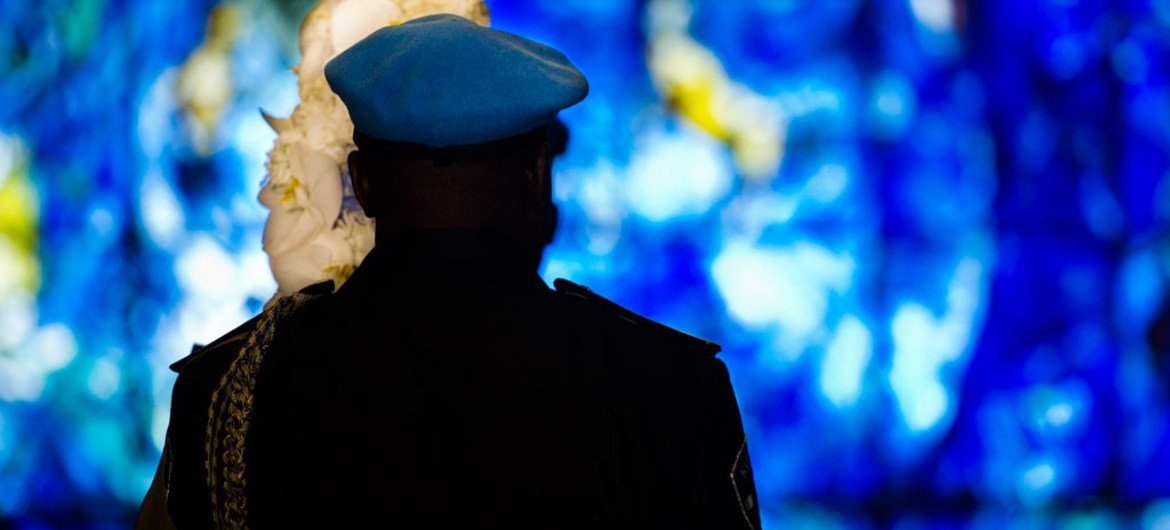 A peacekeeper during the wreath-laying ceremony marking the International Day of UN Peacekeepers.