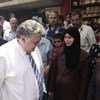 WFP’s Deputy Executive Director Amir Abdulla (left) visits a logistics and packaging facility of the agency on the outskirts of Damascus, Syria.