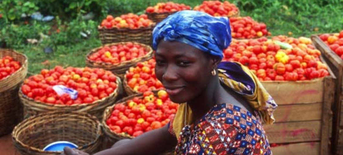 Tomatoes produced for sale at a market in Ghana.