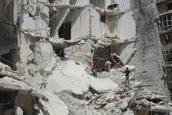A building severely damaged by an airstrike in Aleppo City, Syria.