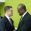 Newly-elected President of the General Assembly Amb. John Ashe of Antigua and Barbuda (right) is congratulated by current President Vuk Jeremic.