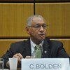Charles Bolden, Administrator of the National Aeronautics and Space Administration (NASA) addresses a news conference in Vienna.