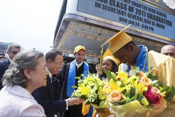 Secretary-General Ban Ki-moon delivered the keynote address at first graduation ceremony of Democracy Prep Public School at Apollo Theater in Harlem.