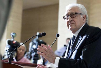 Joint Special Representative of the UN and the League of Arab States for Syria, Lakhdar Brahimi, speaks to journalists following talks between senior United States, Russian and UN officials.