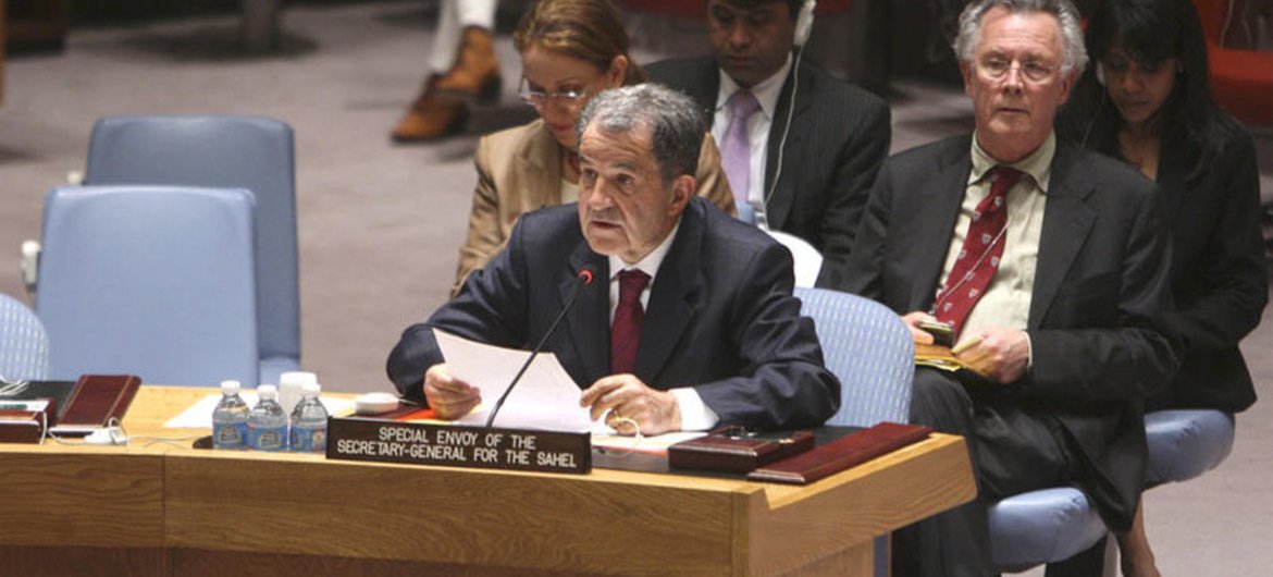 L'Envoyé spécial pour le Sahel, Romano Prodi, devant le Conseil de sécurité. PhotoONU/Devra Berkowitz