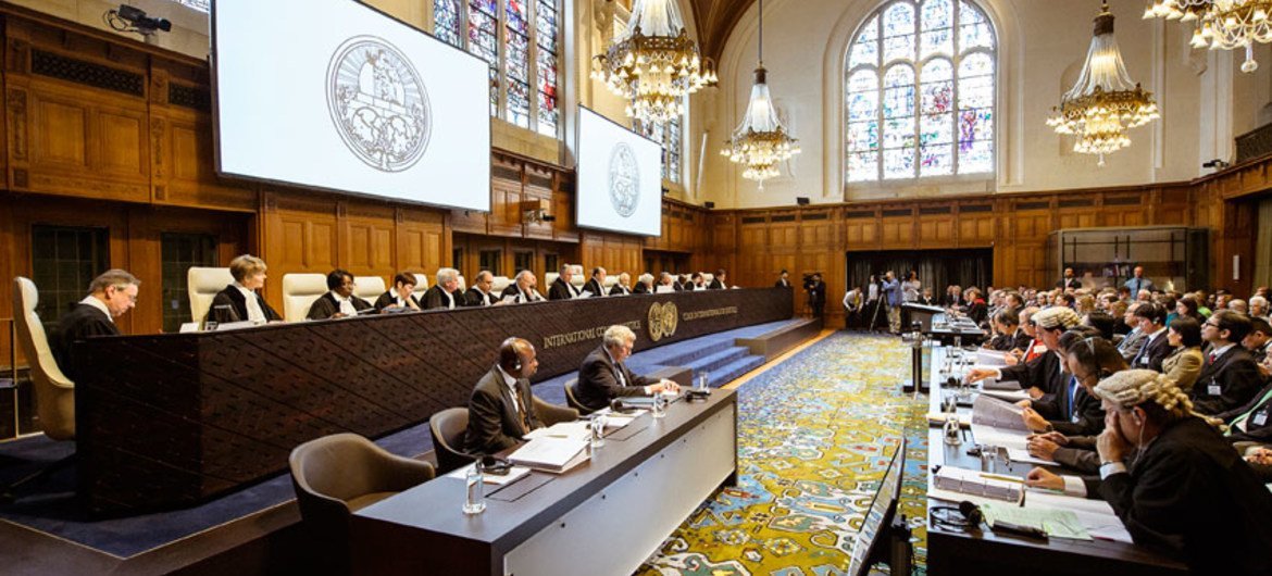 Judges of the International Court of Justice at the opening on 26 June 2013 of the hearings on Whaling in the Antarctic.