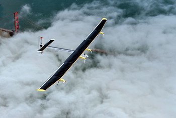 Solar Impulse, an aircraft that can fly day and night without fuel, on a test flight over San Francisco.