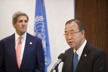 Secretary-General Ban Ki-moon (right) speaks to the press prior to his meeting with United States Secretary of State John Kerry.