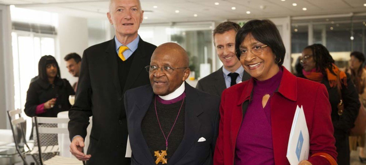 From left: Justice Edwin Cameron of the South African Constitutional Court, Archbishop Emeritus Desmond Tutu, and UN Human Rights chief Navi Pillay arriving for the unveiling of the ‘Free & Equal’ campaign.