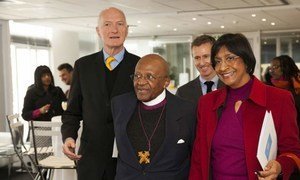 From left: Justice Edwin Cameron of the South African Constitutional Court, Archbishop Emeritus Desmond Tutu, and UN Human Rights chief Navi Pillay arriving for the unveiling of the ‘Free & Equal’ campaign.