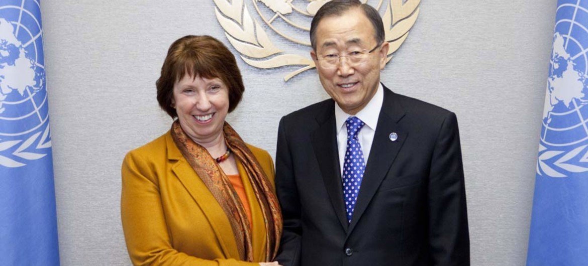 Secretary-General Ban Ki-moon (right) with Catherine Ashton, High Representative of the European Union for Foreign Affairs and Security Policy.