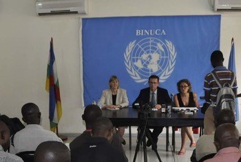 Assistant Secretary-General for Human Rights Ivan Šimonović (seated centre) holds press conference in Bangui, Central African Republic.