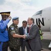 Head of MONUSCO, Martin Kobler (in red tie), is met by the Force Commander in Goma, DRC.