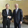 Secretary-General Ban Ki-moon (left) meets with the Director-General of the Organization for the Prohibition of Chemical Weapon (OPCW) Ahmet Üzümcü in The Hague.