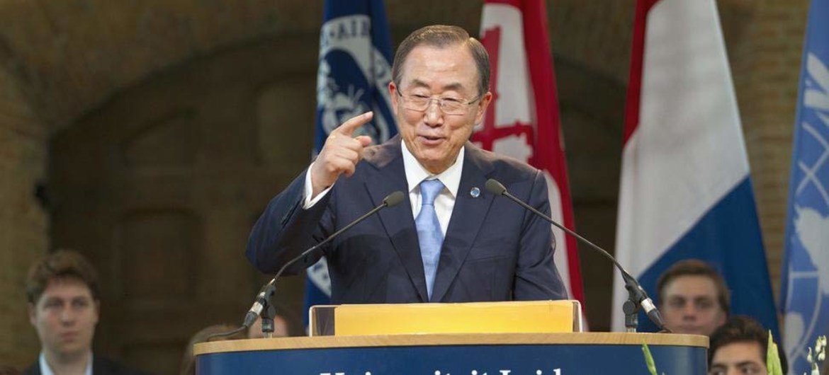 Secretary-General Ban Ki-moon delivers the 2013 Freedom Lecture at Leiden University in The Hague.