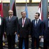 High Commissioner for Refugees António Guterres (centre), flanked by the ministers from Turkey, Lebanon, Iraq and Jordan at the start of the 4 September 2013 meeting in Geneva.