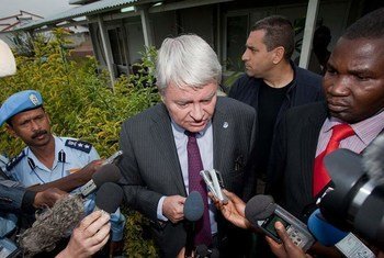 Head of UN peacekeeping Hervé Ladsous (centre) speaks to journalists during a visit to Goma, Democratic Republic of the Congo (DRC) in September 2012.