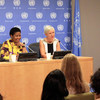 UN Women Executive Director Phumzile Mlambo-Ngcuka and Nanette Braun, Chief of Communications and Advocacy, address press.