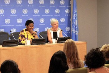 UN Women Executive Director Phumzile Mlambo-Ngcuka and Nanette Braun, Chief of Communications and Advocacy, address press.