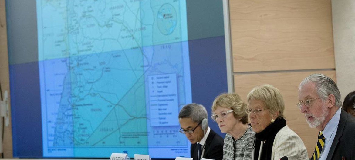 From right: Paulo Pinheiro, Chairman of the Commission of Inquiry on Syria and Commission members Karen AbuZayd, Carla del Ponte and Vitit Muntarbhorn at the 24th Session of the Human Rights Council.
