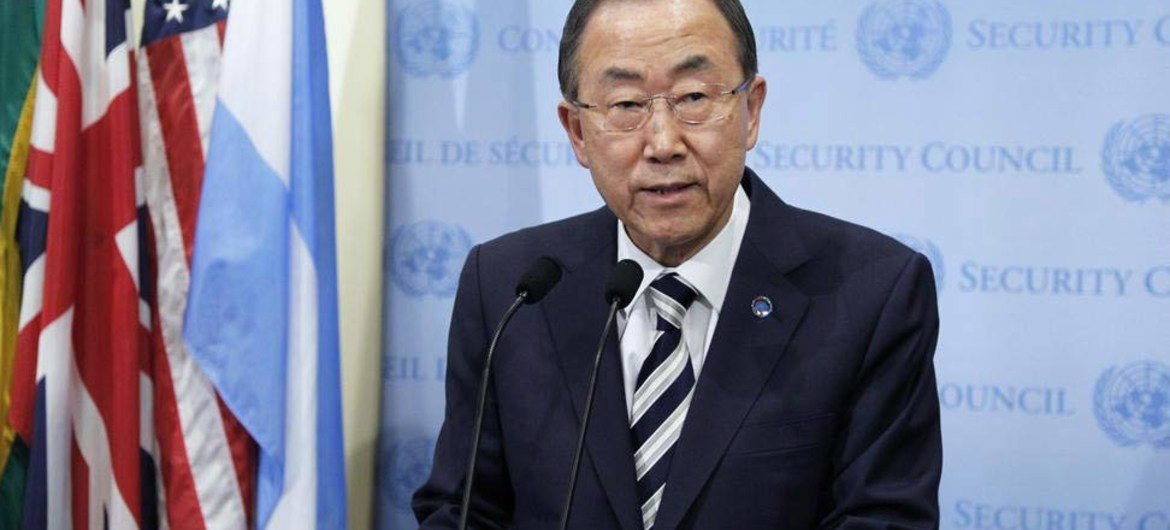 Secretary-General Ban Ki-moon speaks to reporters following Security Council consultations on Syria.