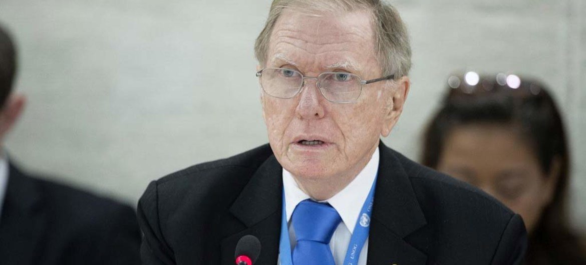 Chair of the Commission of Inquiry on Human Rights in the Democratic People’s Republic of Korea Michael Kirby presents an oral update during the 24th Session of the Human Rights Council.