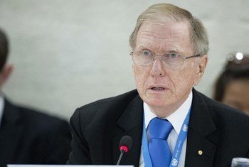 Chair of the Commission of Inquiry on Human Rights in the Democratic People’s Republic of Korea Michael Kirby presents an oral update during the 24th Session of the Human Rights Council.