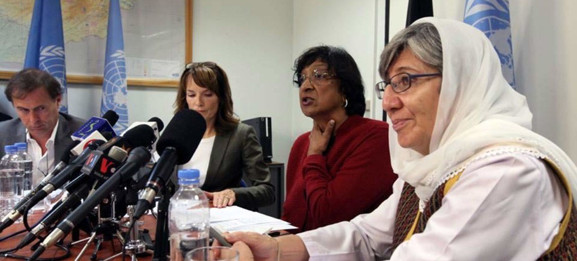 High Commisioner for Human Rights Navi Pillay (2nd right) addresses a press conference in Kabul, Afghanistan.