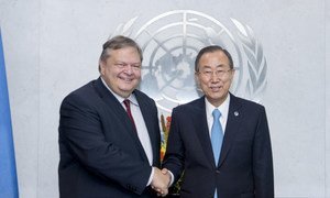 Secretary-General Ban Ki-moon (right) meets with Evangelos Venizelos, Deputy Prime Minister and Minister for Foreign Affairs of Greece.