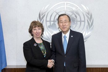 Secretary-General Ban Ki-moon (right) meets with Catherine Ashton, High Representative for Foreign Affairs and Security Policy of the European Union.