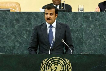 Le chef de l'État du Qatar, l'Émir Shiekh Tamim bin Hamad Al-Thani, s'adresse à l'Assemblée générale. Photo ONU