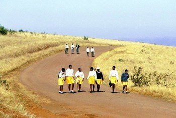 School children in uniform walk long distances to and from school in the rural Kwa Zulu Natal, South Africa.
