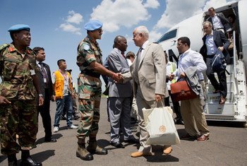 Members of UN Security Council delegation are welcomed by MONUSCO officials as they arrive at Goma airstrip in the Democratic Republic of the Congo (DRC).