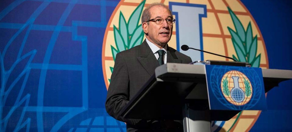 OPCW Director-General Ahmet Üzümcü addresses the media on 11 October 2013 on the occasion of the organisation's winning of the Nobel Peace Prize.