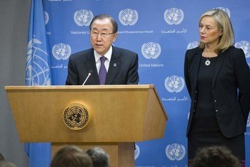 Le Secrétaire général Ban Ki-moon (à gauche) présente aux médias Sigrid Kaag, qui vient d'être nommée Coordonatrice spéciale de la mission conjointe OIAC-ONU pour l'élimination des armes chimiques en Syrie.
