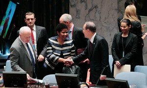 Secretary-General Ban Ki-moon is greeted by Phumzile Mlambo-Ngcuka, Executive Director of the UN Entity for Gender Equality and the Empowerment of Women.