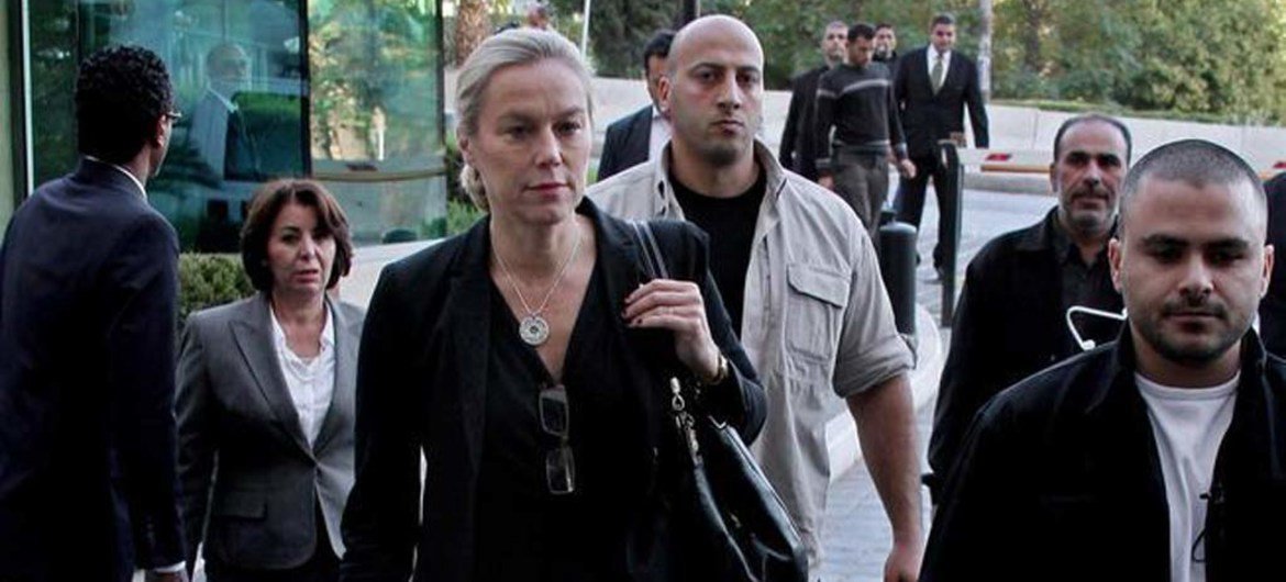 Special Coordinator of the OPCW-UN Joint Mission on eliminating Syria’s chemical weapons programme, Sigrid Kaag (centre), arrives in Damascus, Syria.