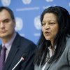 Special Rapporteur on the situation of human rights in Eritrea Sheila B. Keetharuth (right) addresses a press conference at UN Headquarters.